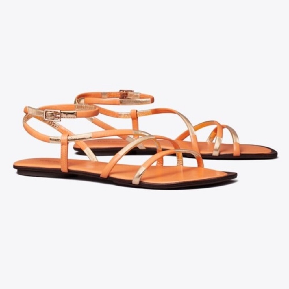 New Tory Burch Split Mignon Multi Strap Flat Sandal in Orange and Gold